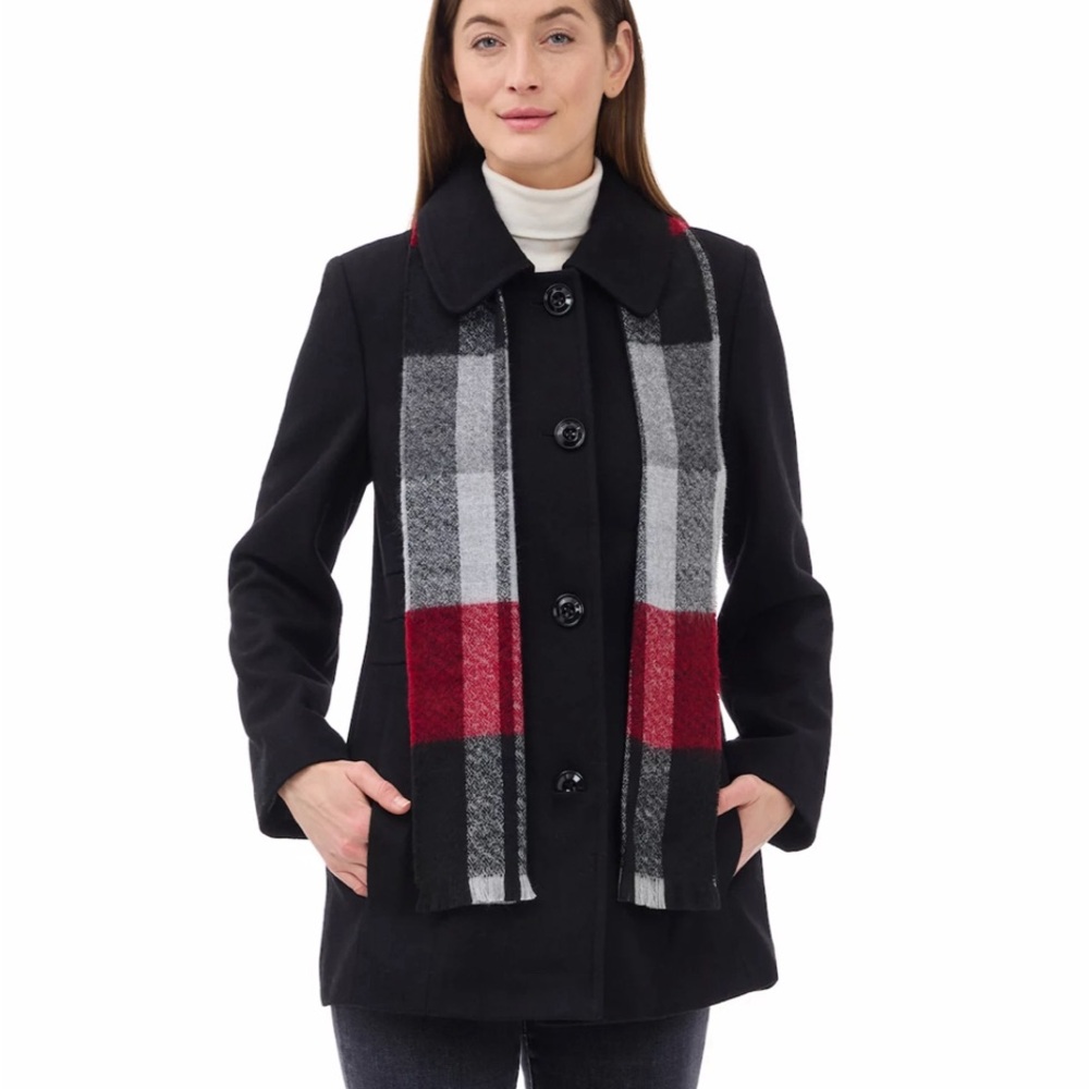 NWT London Fog Black Pea Coat Jacket with Red Plaid Scarf Size Medium